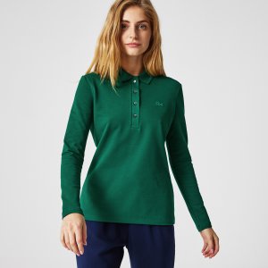 Поло Женская приталенная рубашка-поло из эластичного хлопка Lacoste. Цвет: зелёный