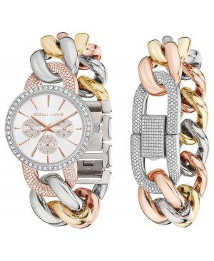 Женские аналоговые часы с большим трехцветным ремешком из нержавеющей стали и браслетом открытым звеном, украшенным кристаллами, 40 мм Kendall + Kylie