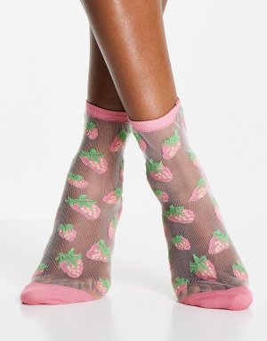 Розовые сетчатые носки с принтом в виде клубники Tinna-Белый Monki