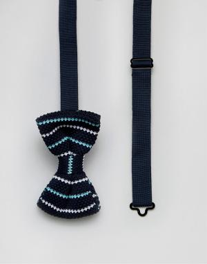 Трикотажный галстук-бабочка в полоску 7X. Цвет: темно-синий