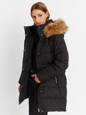 Тёплая куртка-пальто с капюшоном и боковыми шлицами на молниях zolla. Цвет: черный