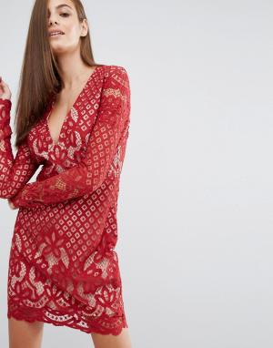 Кружевное платье миди с V-образным вырезом и длинными рукавами Stylest Stylestalker. Цвет: красный