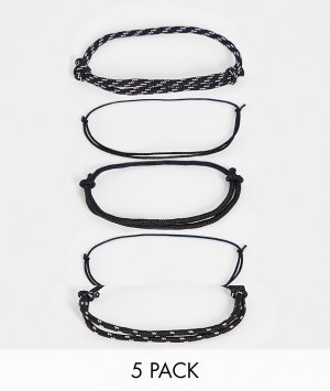 Набор из 5 узких браслетов-шнурков в черных тонах -Черный цвет ASOS DESIGN