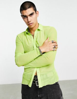 Неоново-зеленая сетчатая рубашка скинни с рюшами ASOS DESIGN