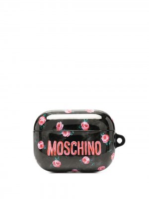 Футляр для AirPods с цветочным принтом и логотипом Moschino. Цвет: черный