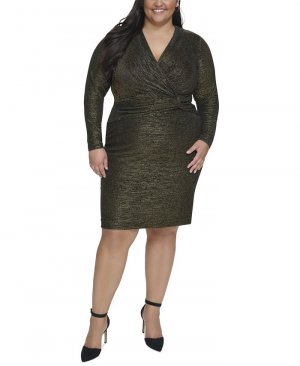 Платье больших размеров с металлизированным V-образным вырезом и закрученным сбоку платьем , черный Calvin Klein