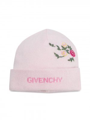 Трикотажная шапка с цветочной вышивкой Givenchy Kids. Цвет: розовый