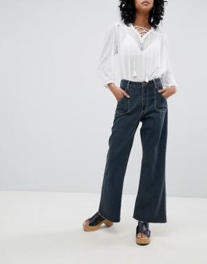 Широкие укороченные джинсы с завышенной талией и контрастными строчками -Черный One Teaspoon