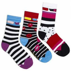 Комплект женских носков с принтом lunarable, 3 пары, Помада, губы, белый, голубой, черный, размер 35-39 Lunarable. Цвет: голубой/белый/черный