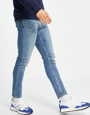 Синие выбеленные джинсы зауженного кроя с цепочкой -Голубой New Look