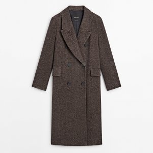 Пальто Long Double-breasted Wool Blend Herringbone, черный Massimo Dutti