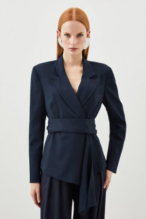 Приталенный пиджак из крепа с драпировкой и завязкой на талии , темно-синий Karen Millen