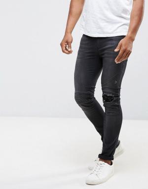 Зауженные эластичные джинсы в байкерском стиле с рваной отделкой на ко Religion. Цвет: черный