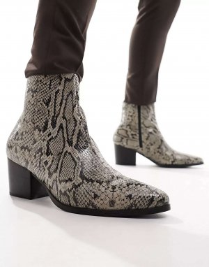 Ботинки челси на каблуке из искусственной кожи со змеиным принтом Asos