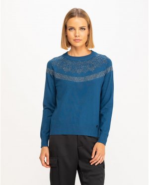 Женский свитер с круглым вырезом и стразами на шее , синий Niza. Цвет: синий