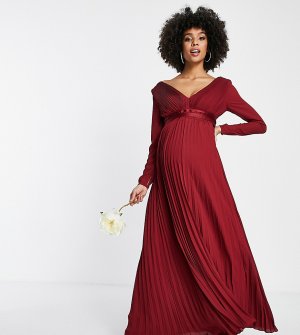 Бордовое платье макси с длинными рукавами, плиссированной юбкой и атласной лентой на талии ASOS DESIGN Maternity Bridesmaid-Красный