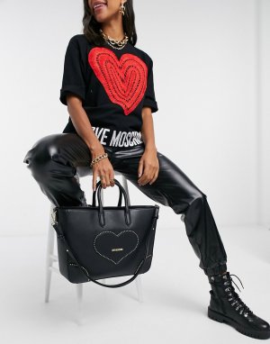 Черная большая сумка-тоут с вышивкой в форме сердца -Черный Love Moschino