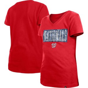 Красная футболка New Era Washington Nationals для девочек и молодежи с v-образным вырезом пайетками
