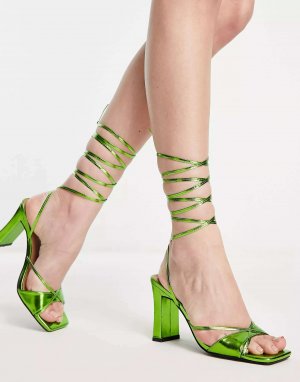 Зеленые босоножки на плоском каблуке с завязками тонких ремешках London Rebel