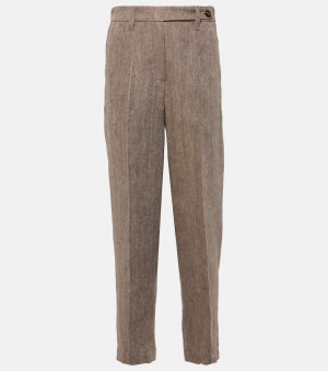 Льняные зауженные брюки с узором «елочка» , коричневый Brunello Cucinelli