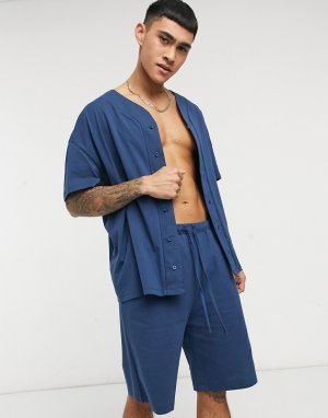 Пижамный комплект для дома из шорт и бейсбольной футболки -Темно-синий ASOS DESIGN