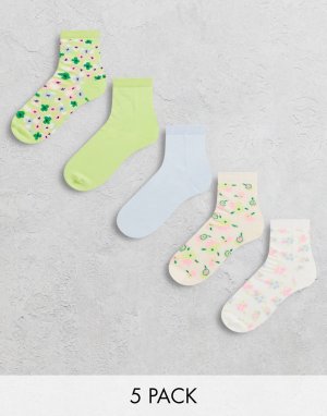 Набор из 5 носков до щиколотки разных цветов с цветочным принтом -Разноцветный Monki