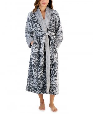 Женский длинный плюшевый халат с запахом и цветочным принтом , серый Charter Club