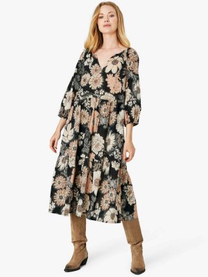 Многоярусное платье миди с цветочным принтом Carolina , черный/бежевый Noa