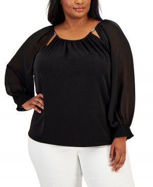 Блузка больших размеров со сборками и вырезами на манжетах , черный Calvin Klein