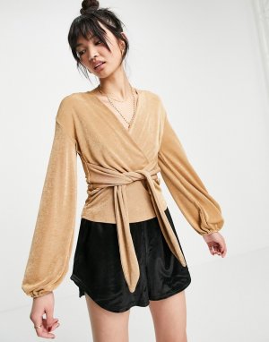 Бежевая блузка-кимоно с завязкой спереди -Коричневый цвет Closet London