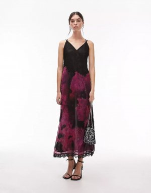 Платье миди Lace Slip In Print, черный/розовый Topshop