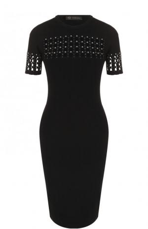 Платье-карандаш с перфорацией и коротким рукавом Versace. Цвет: черный