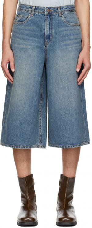 Синие джинсовые шорты с эффектом потертостей Low Classic