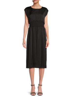 Атласное платье миди в рубчик с талией , черный Calvin Klein