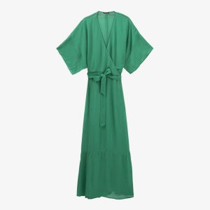 Тканое платье миди с запахом и оборками, короткими рукавами Ikks, зеленый IKKS