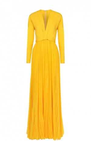 Шелковое платье-макси с плиссированной юбкой и высоким разрезом Dsquared2. Цвет: желтый