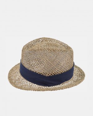 Шляпа-трилби из натуральных волокон с лентой и окантовкой синего цвета Seeberger