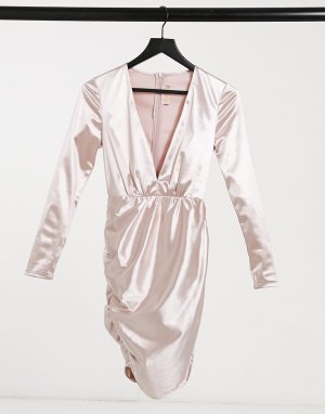 Светло-бежевое атласное платье мини с глубоким вырезом спереди и юбкой запахом Club L-Серый L London