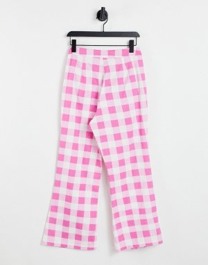 Расклешенные брюки в клетку с оборками на карманах от комплекта -Розовый цвет Neon Rose