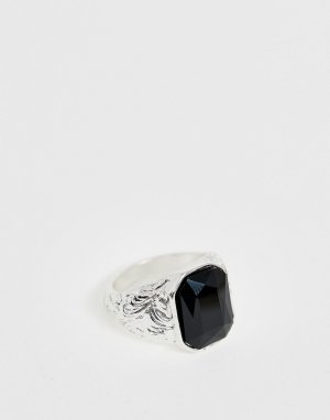 Серебристое кольцо-печатка с черным камнем -Серебряный Chained & Able