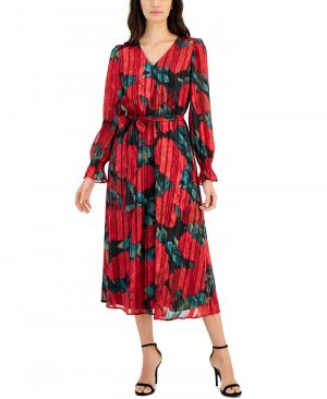 Женское платье миди с цветочным принтом и поясом , красный Anne Klein