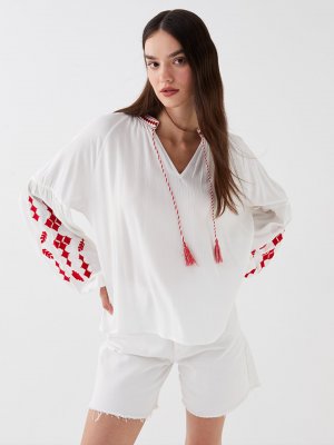 Женская блузка большого размера с длинными рукавами и завязками на воротнике вышивкой LCW Casual