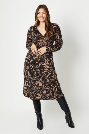 Трикотажное платье с запахом и длинными рукавами мраморным принтом , черный Wallis