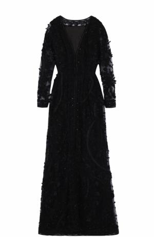 Шелковое платье с декоративной вышивкой и длинным рукавом Oscar de la Renta. Цвет: черный