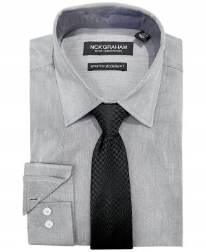 Мужской облегающий комплект из рубашки и галстука шамбре , серый Nick Graham