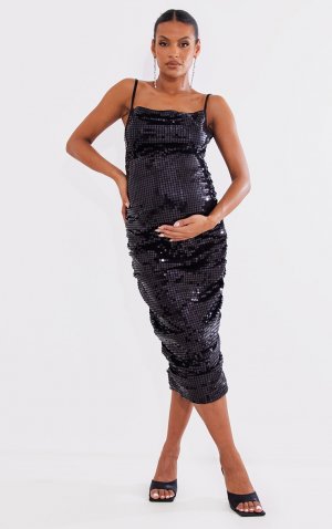 Черное платье с воротником-хомутом и пайетками для беременных PrettyLittleThing