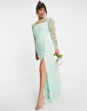 Мятное платье подружки невесты с длинными рукавами -Зеленый цвет Virgos Lounge