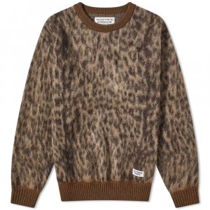 Леопардовый свитер из мохера с круглым вырезом, бежевый Wacko Maria