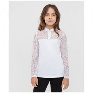 Блузка с кружевными рукавами белая для девочек, размер 146 , модель 222BBGS14060200 Button Blue. Цвет: белый