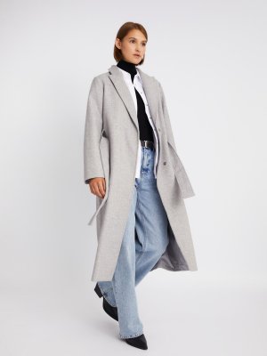 Длинное пальто без утеплителя на кнопках с поясом zolla. Цвет: серый